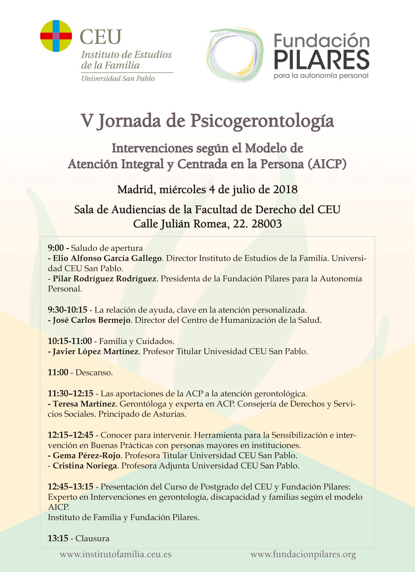 V Jornada de psicogerontología: intervenciones según el modelo Atención Integral y Centrada en la Persona (AICP)