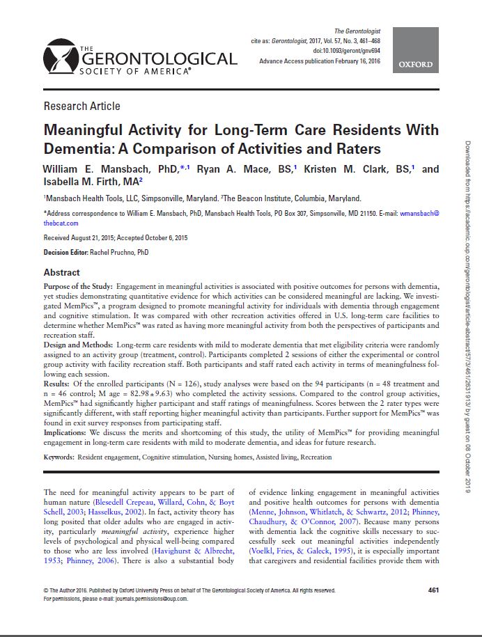 Meaningful Activity for Long-Term Care Residents with Dementia: A